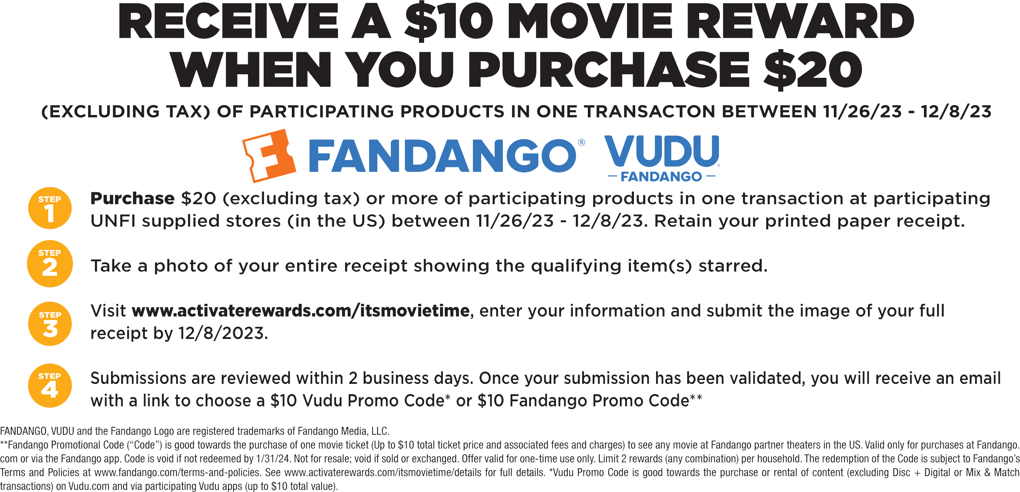 Receive a $10 movie reward when you purchase $20 - Fandango - Vudu